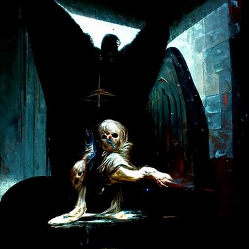 Angel with arched wings praying at a dark altar