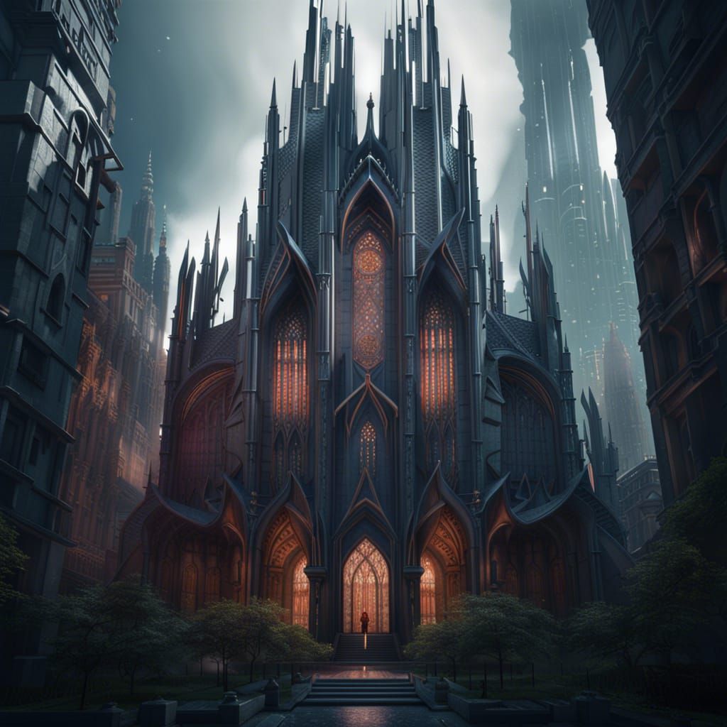 A futuristic Gothic cathedral in the middle of tall buildings - AI ...