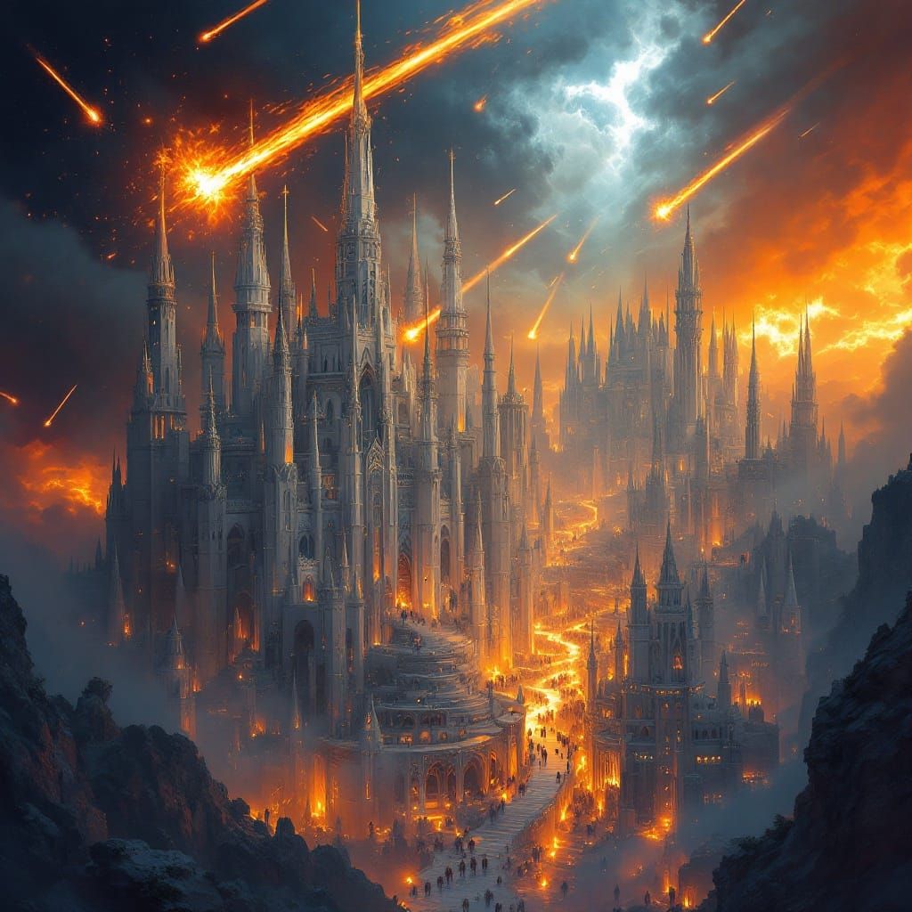 Fiery Meteors Strike Baroque Metropolis: Digital Art