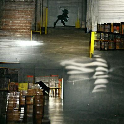 Shadows chase me through warehouse