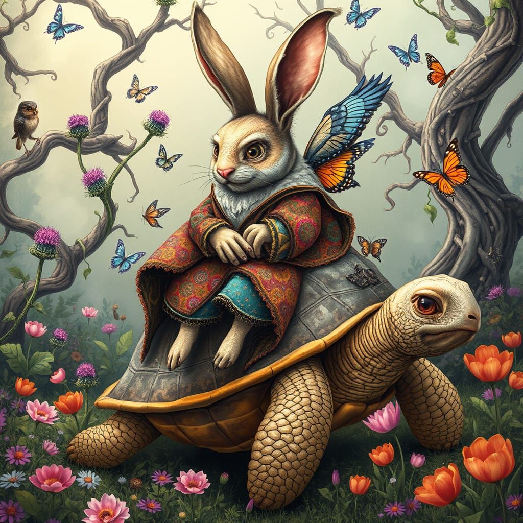 A very wrinkled face whimsical rabbit wearing a colorful outfit rides ...