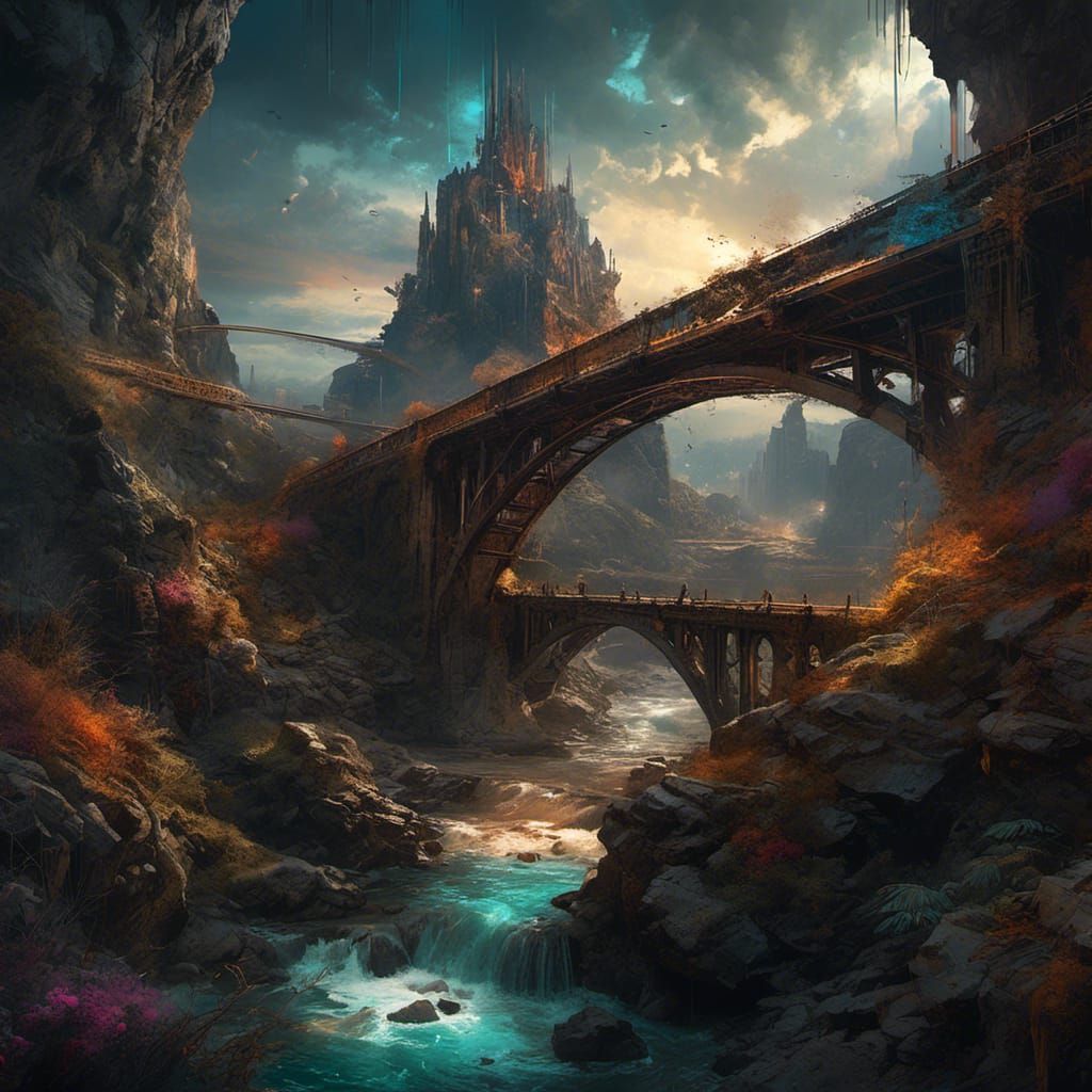 <lora:DWC:1.0> wide shot HD 3D Octane HD Image; Beautifully Authentic insane neon vibrant apocalyptic bridge scape- Destructive InkSplatter...