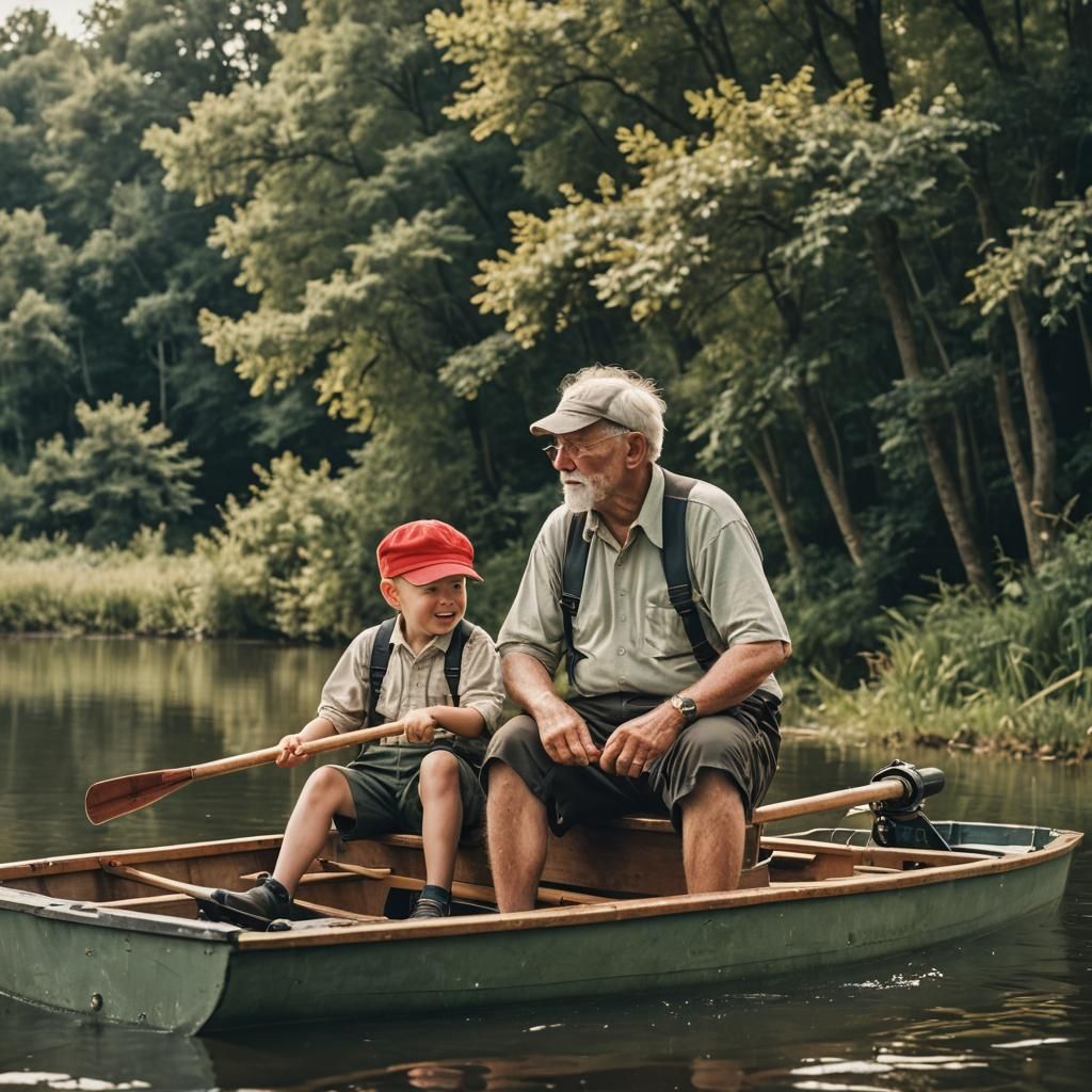 Little boy sits with grandpa in a rowing boat and both are fishing Cinematic film still, shot on v-raptor ...  by @BadaBing 