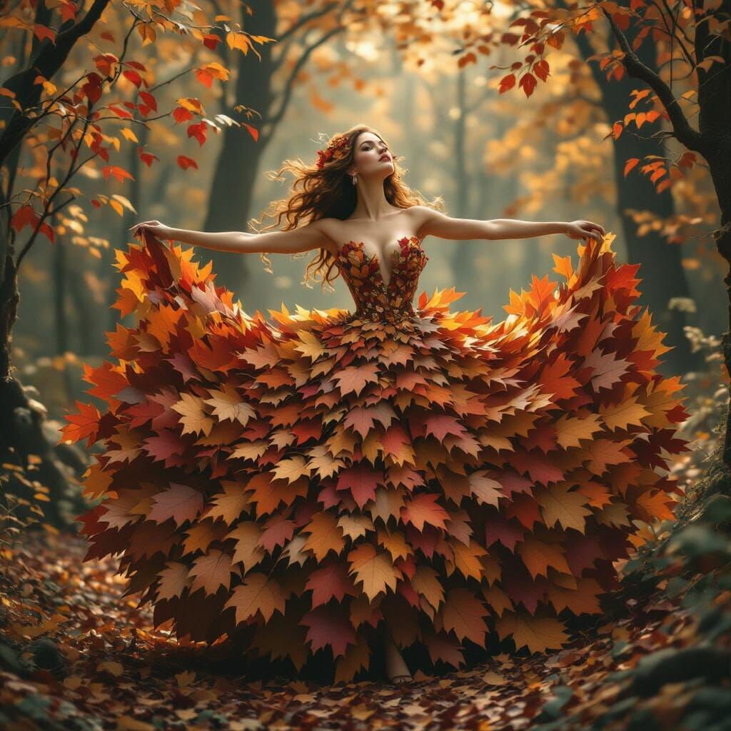 A looping 10-second shot: A beautiful woman walks slowly through a forest clearing, wearing an elegant dress made of viv...