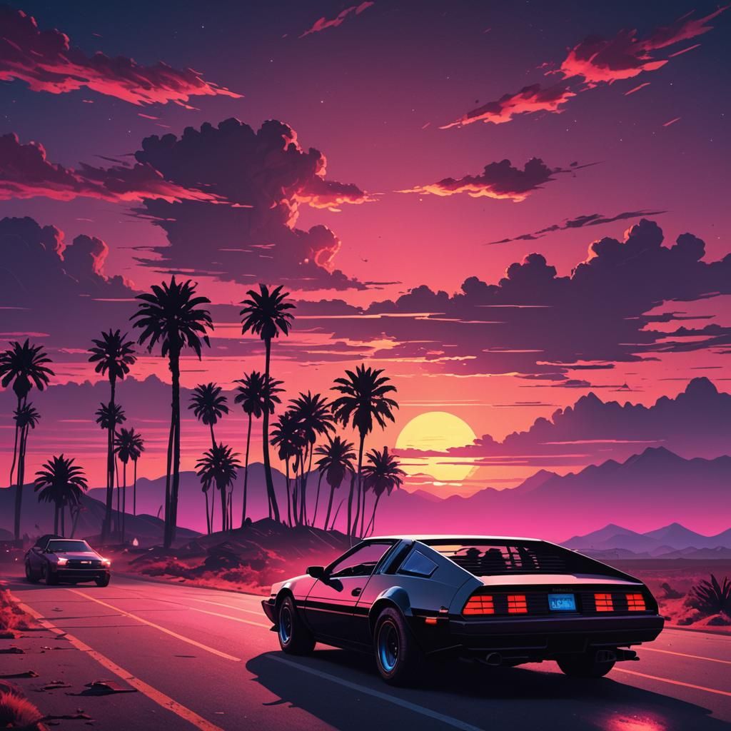 Synthwave Knight Rider car and sunset