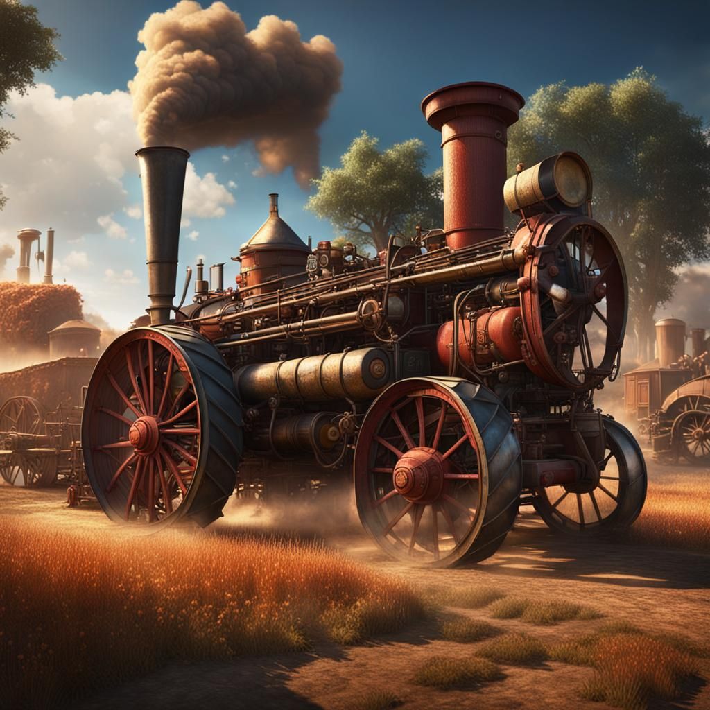 An old steam tractor stands in front of a threshing machine and drives it  by @Albschwob