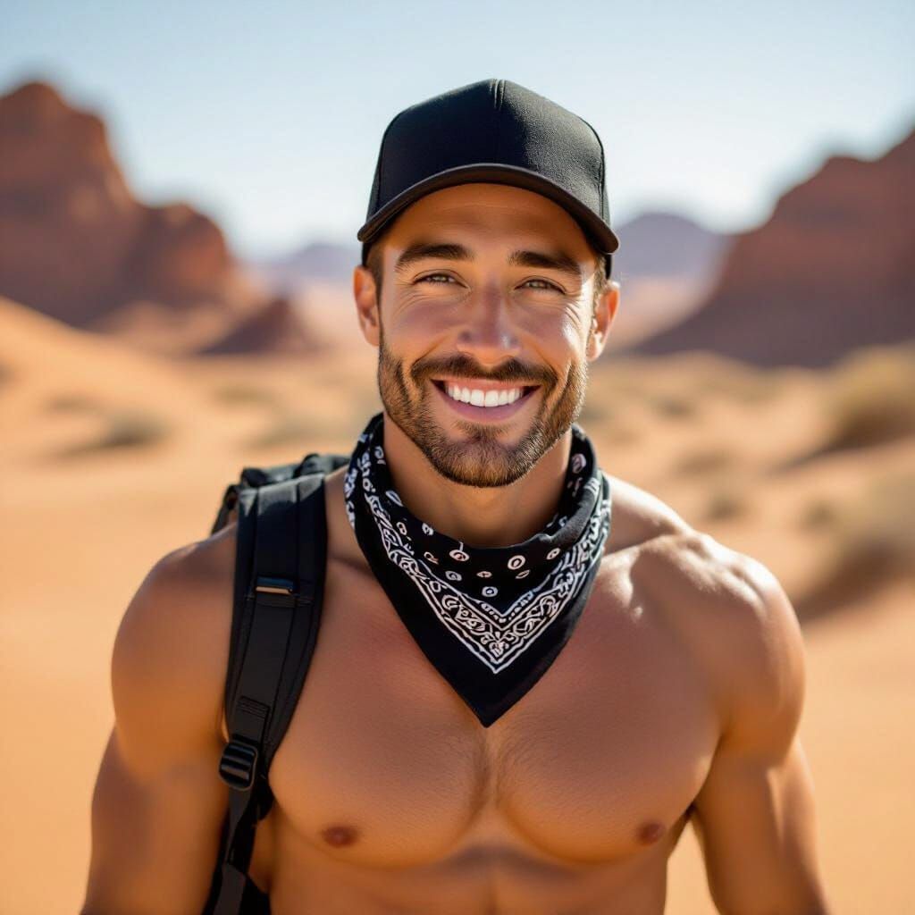 A fit, smiling man in his late 20s or early 30s, with short, dark brown hair peeking out from under a black baseball cap worn backward. He h...