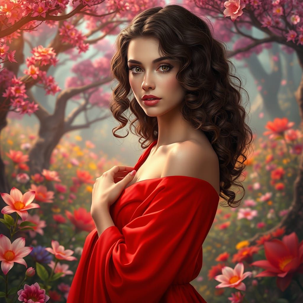 Elegant Brown Woman in Vibrant Whimsical Landscape with Exot...