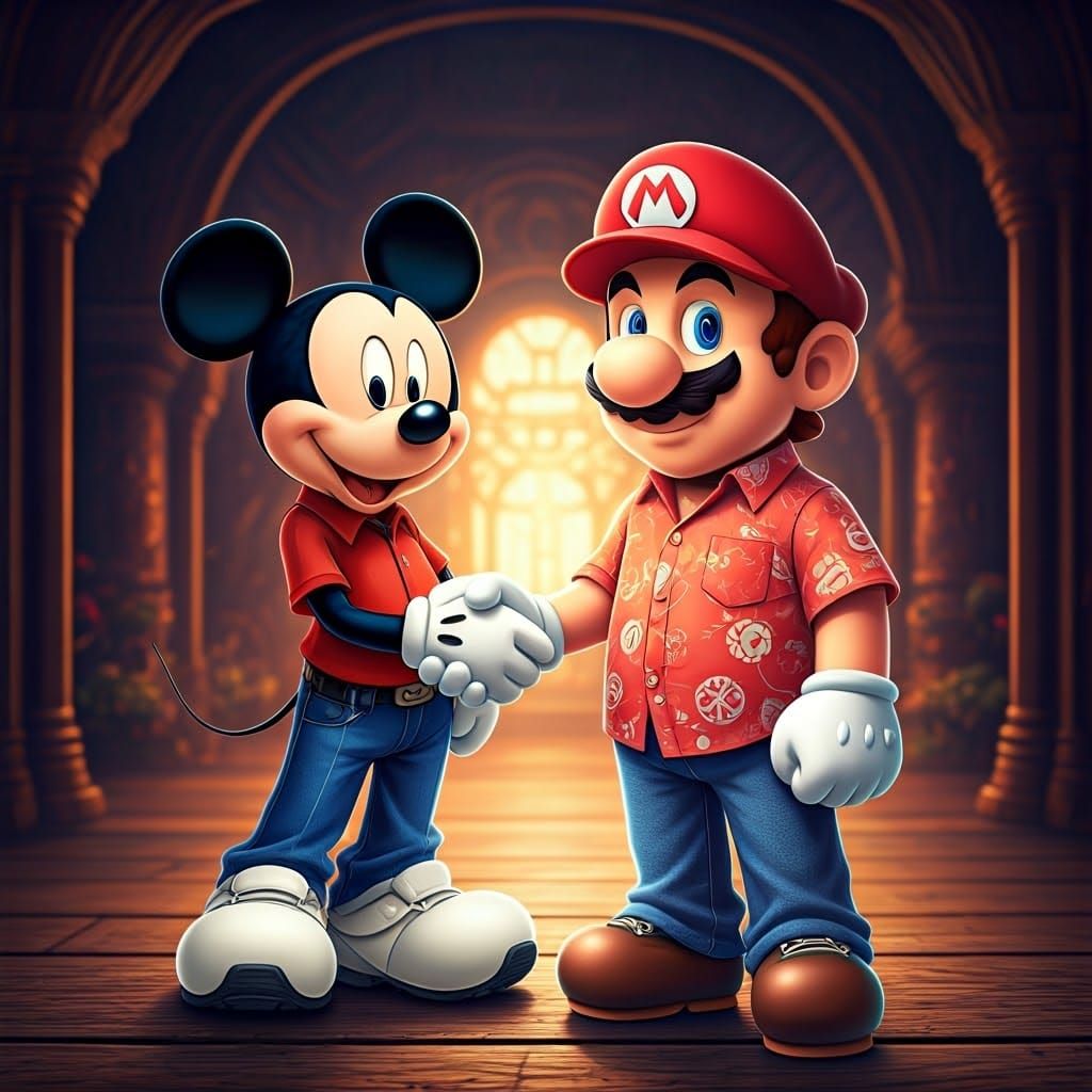 Mickey Mouse and Mario Artstation-Style Matte Painting