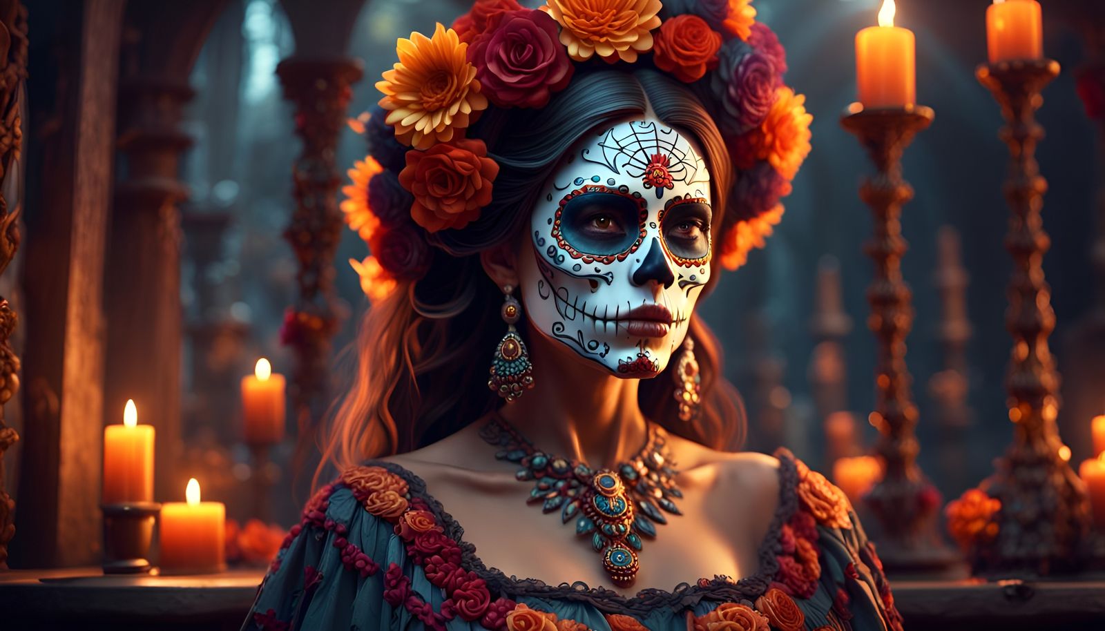 Dia De Los Muertos Woman Beautiful Magical Dramatic Cinematic Lighting 