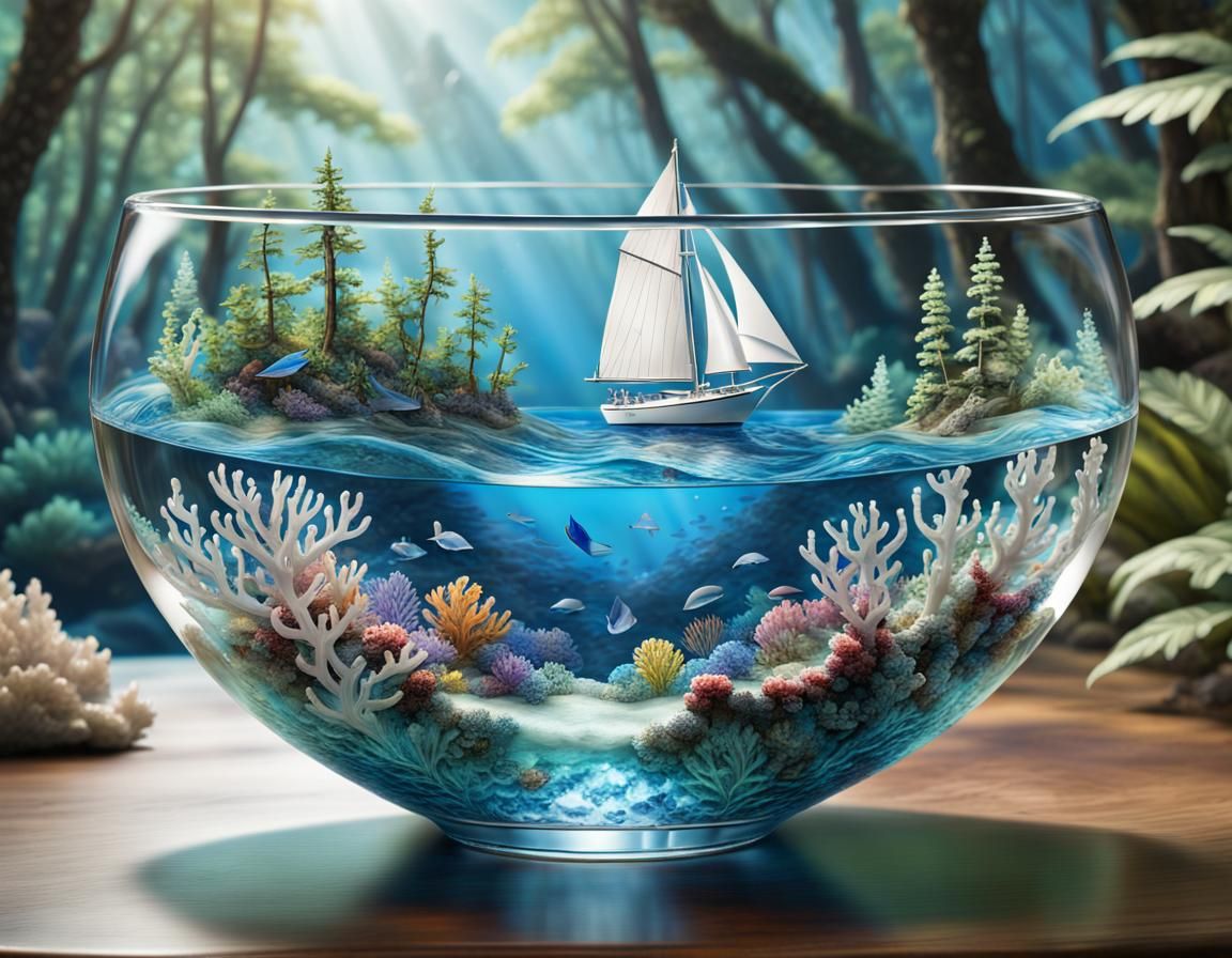 A crystal style hyperdetailed glass bowl filled with clear blue water and a tiny complete underwater reef with a pristine sailboat with glea...