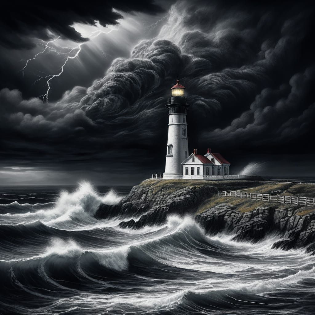 in the technique of Tokyo Ghoul In the artistic style of Ed Bing lee the lighthouse hurricane  by @Sigas