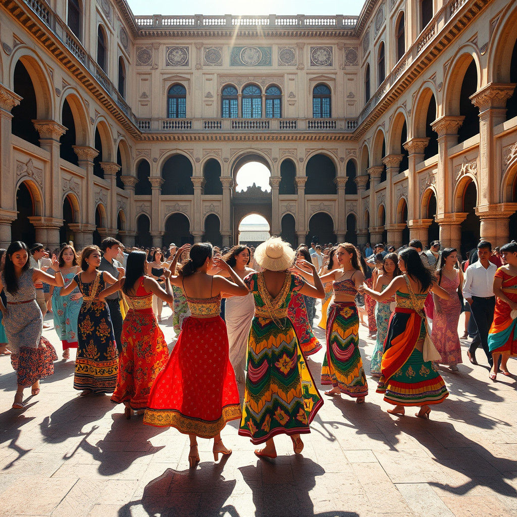 Harmonious Dance of Cultures in Vibrant Courtyard