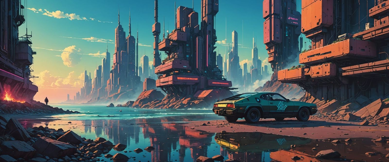 Glowing Cyberpunk Cityscape on Rocky Shoreline