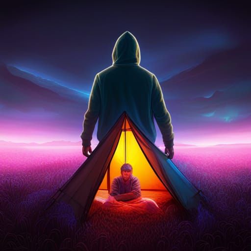 Hacker wearing a hoodie camping in a field of RGB lights