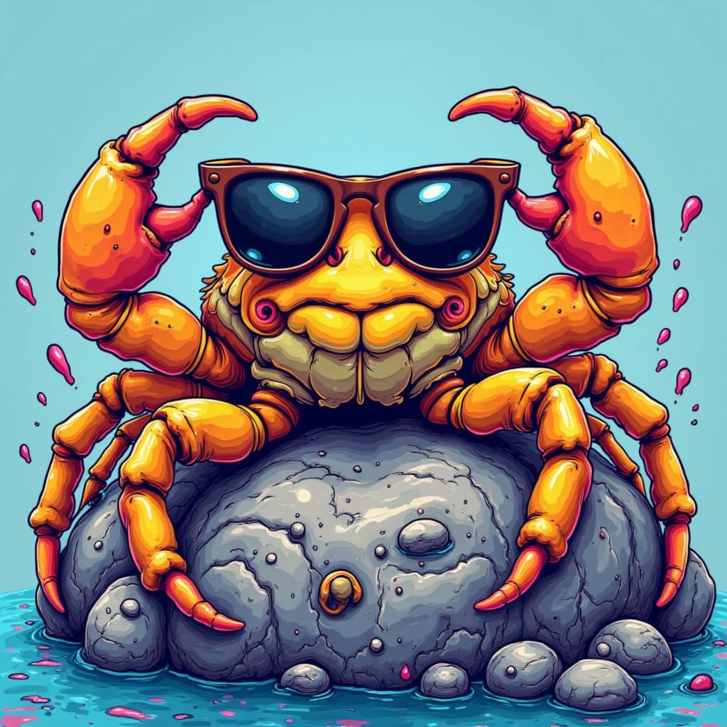 <lora:Neon Leon:1.0> crab wearing sunglasses, resting on a rock