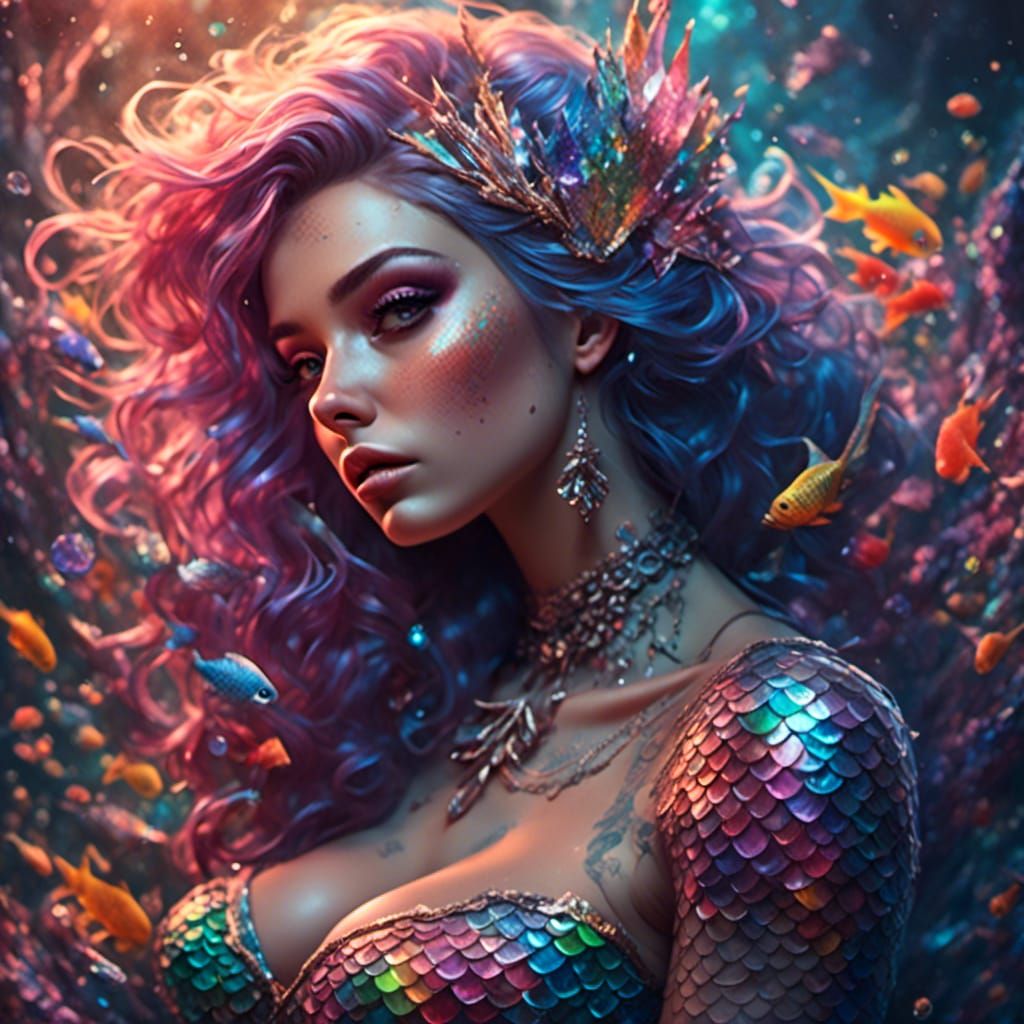 <lora:Boudoir Glamor:1.0> Voluptuous tattooed mermaid princess, rainbow prism scales, hyperrealistic, 8k, dynamic lighting, boudoir professi...
