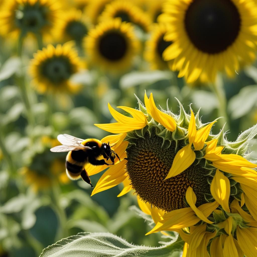 A bumblebee hard at work pollinating a field of sunflowers  by @KRoseCarol