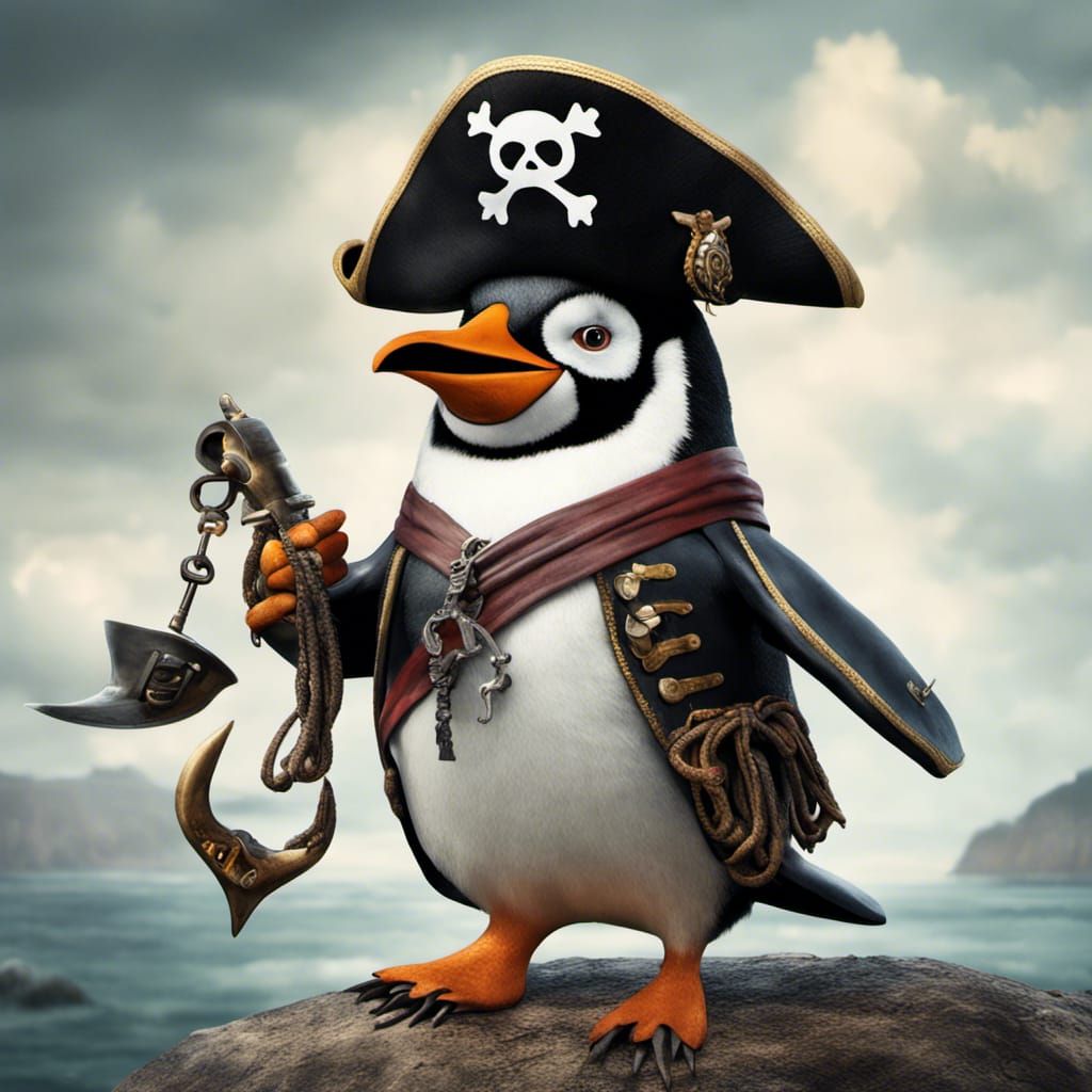 Penguin dressed as pirate captain hoisting the jolly roger, hat, hook, eye patch, 64k resolution, a masterpiece, 75mm, hyperrealistic, hyper...