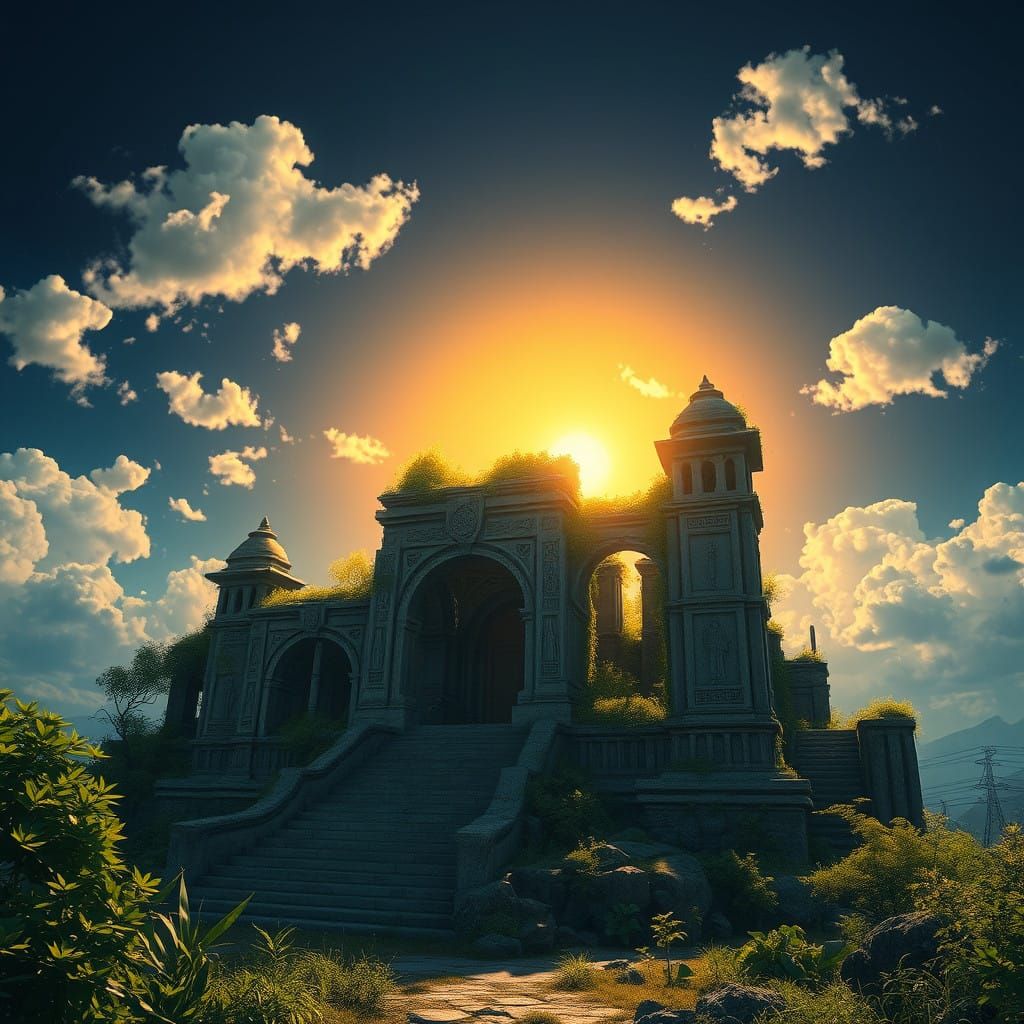 Ancient Ruined Temple in Golden Light