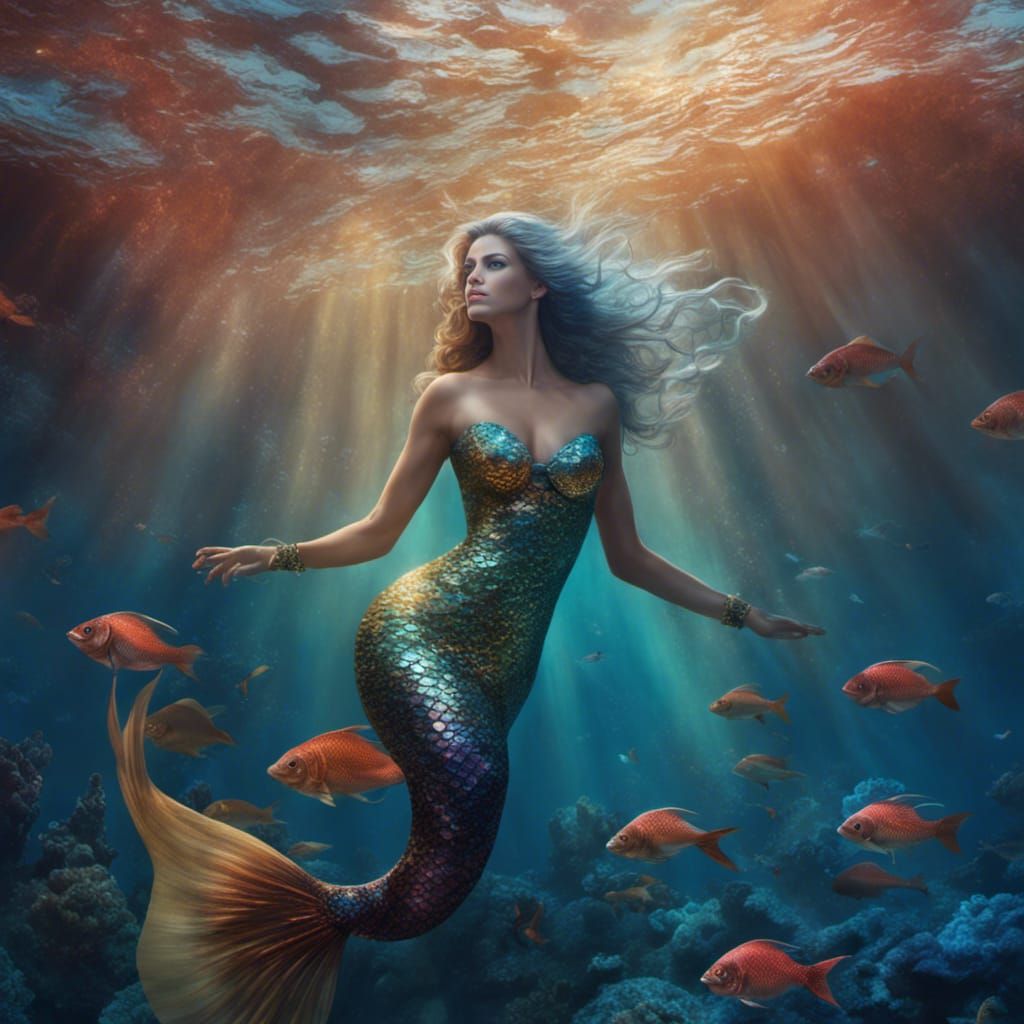 Mermaid under water, long flowing tailfin coral reef   by @Nic Siegel