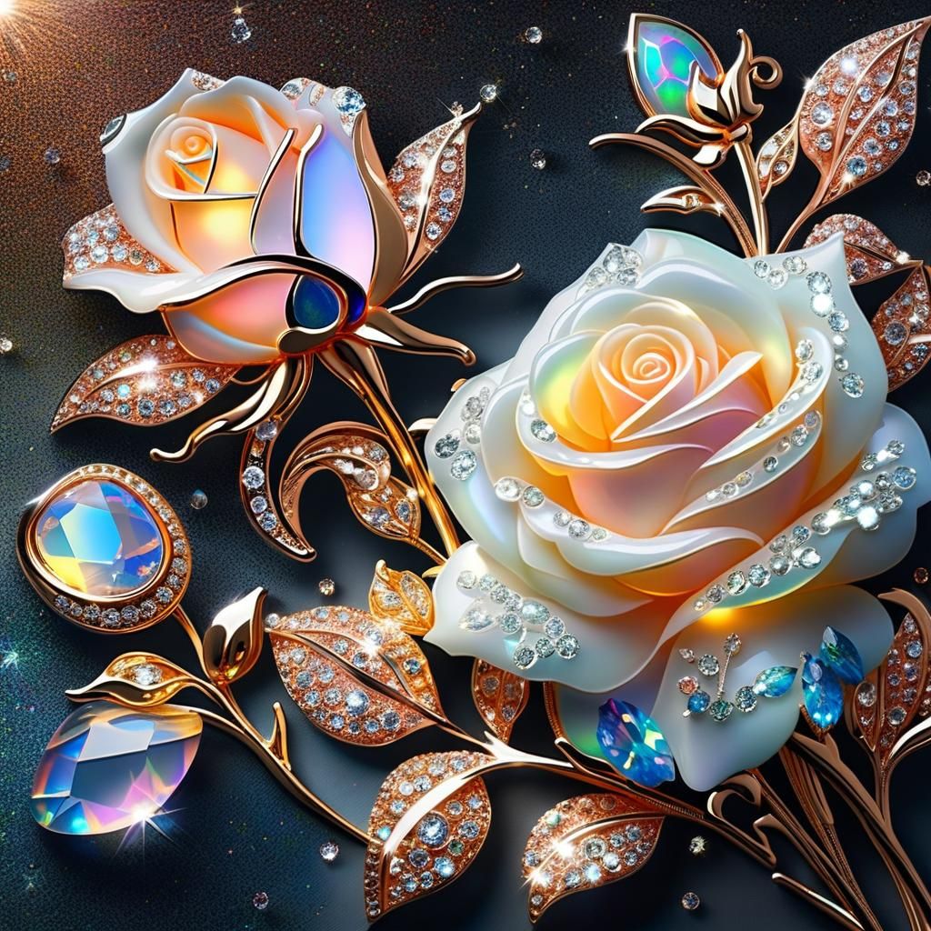 Sparkling Opal rose brooch  by @GrumpyKitten