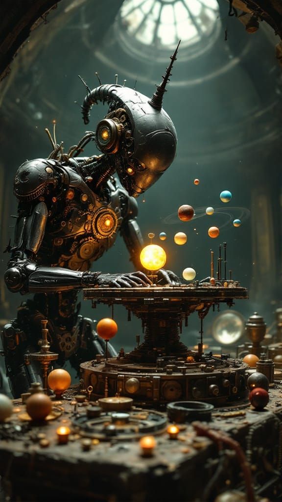 No-Theme Thursday. Highly Creative. A surreal, clockwork Grinch figure meticulously assembling a miniature solar system model inside a dusty...