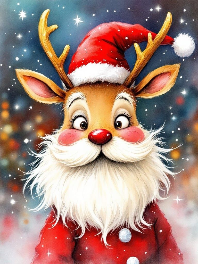 Whimsical Watercolor Animals with Santa and Rudolph