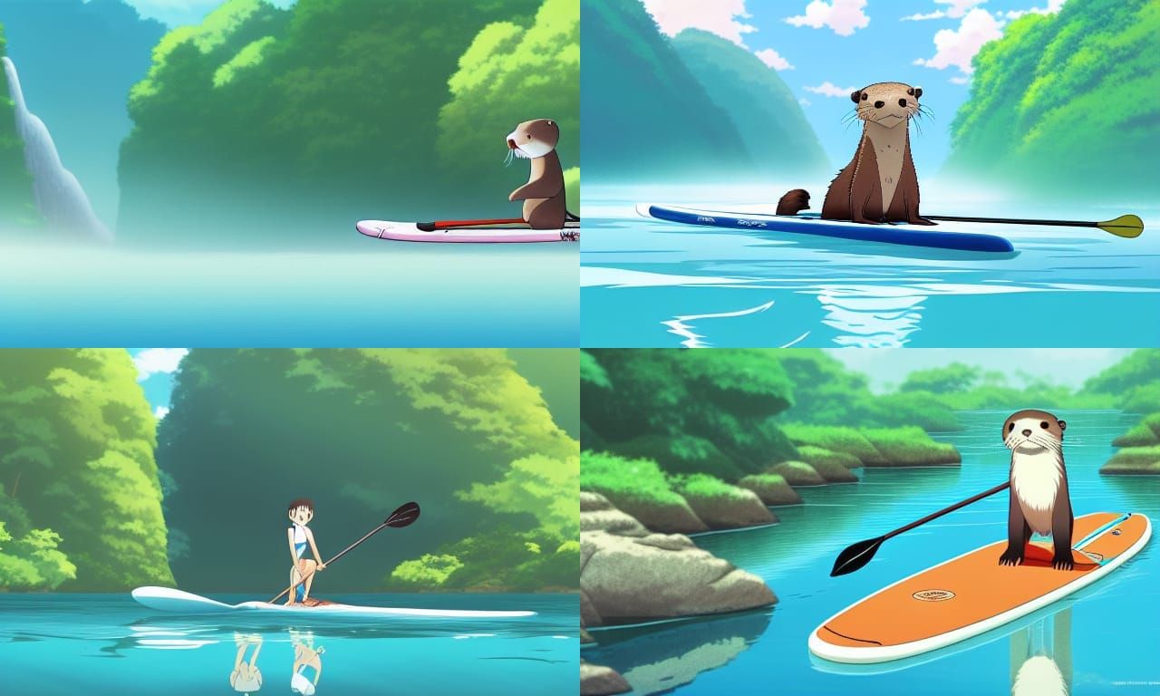 anthropomorphic otter paddle boarding on a clear lake, waterfall, high