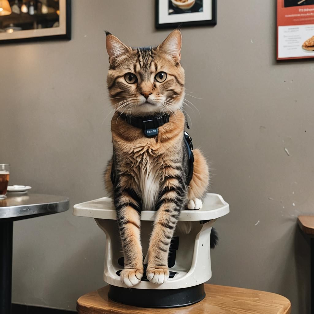 A cat sitting on a booster seat in a restaurant
