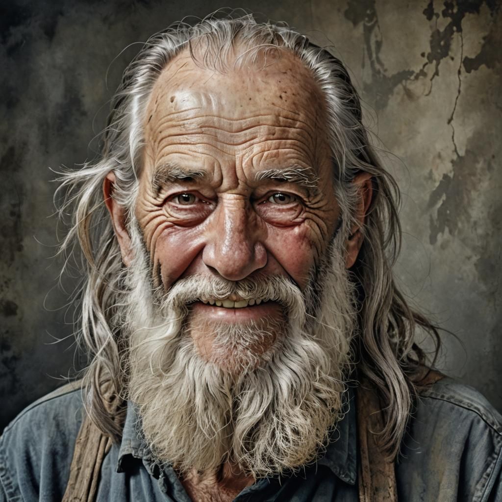 Full body portrait at old man with long white beard.
weathered face, wrinkled eyes, knowing smile, gray hair. 90 years o...