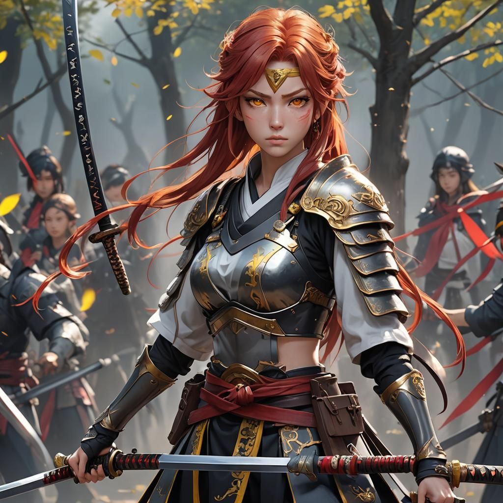 Warrior princess with yellow eyes and scarlet hair holding a...