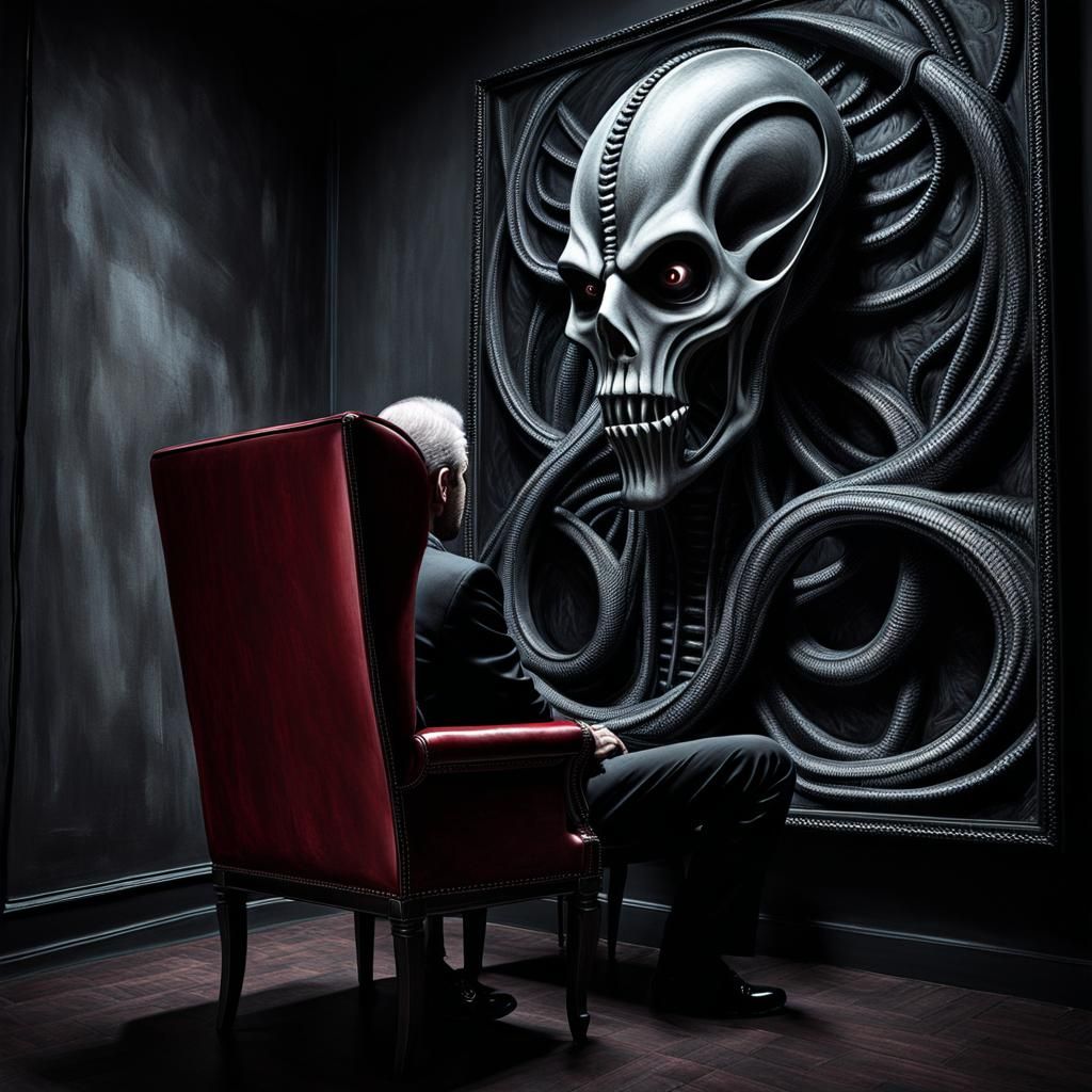 Eerie Man Stares at Canvas: Surrealist Close-Up