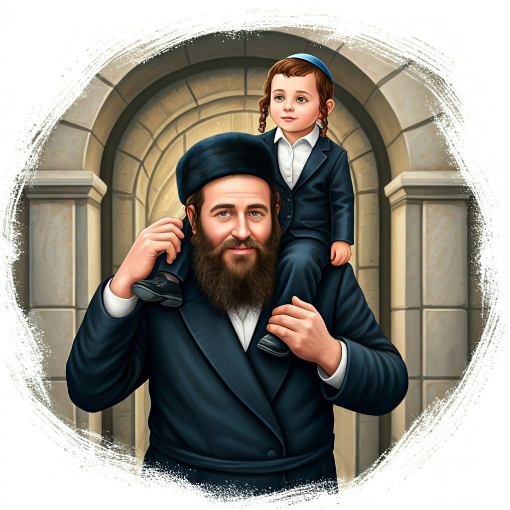 Joyous Hasidic Father and Child Illustration