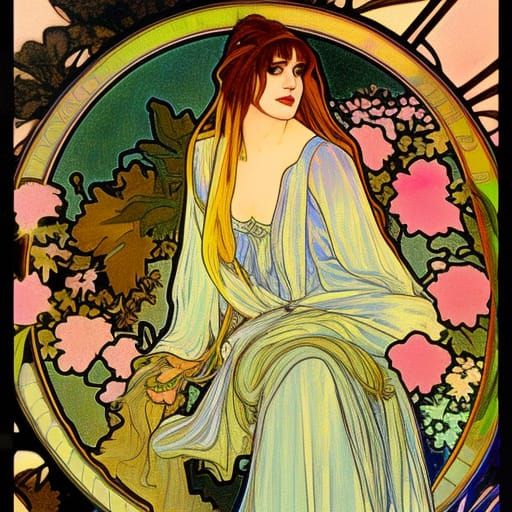 Stevie Nicks portrayed in the style of Alphonse Mucha, paint...