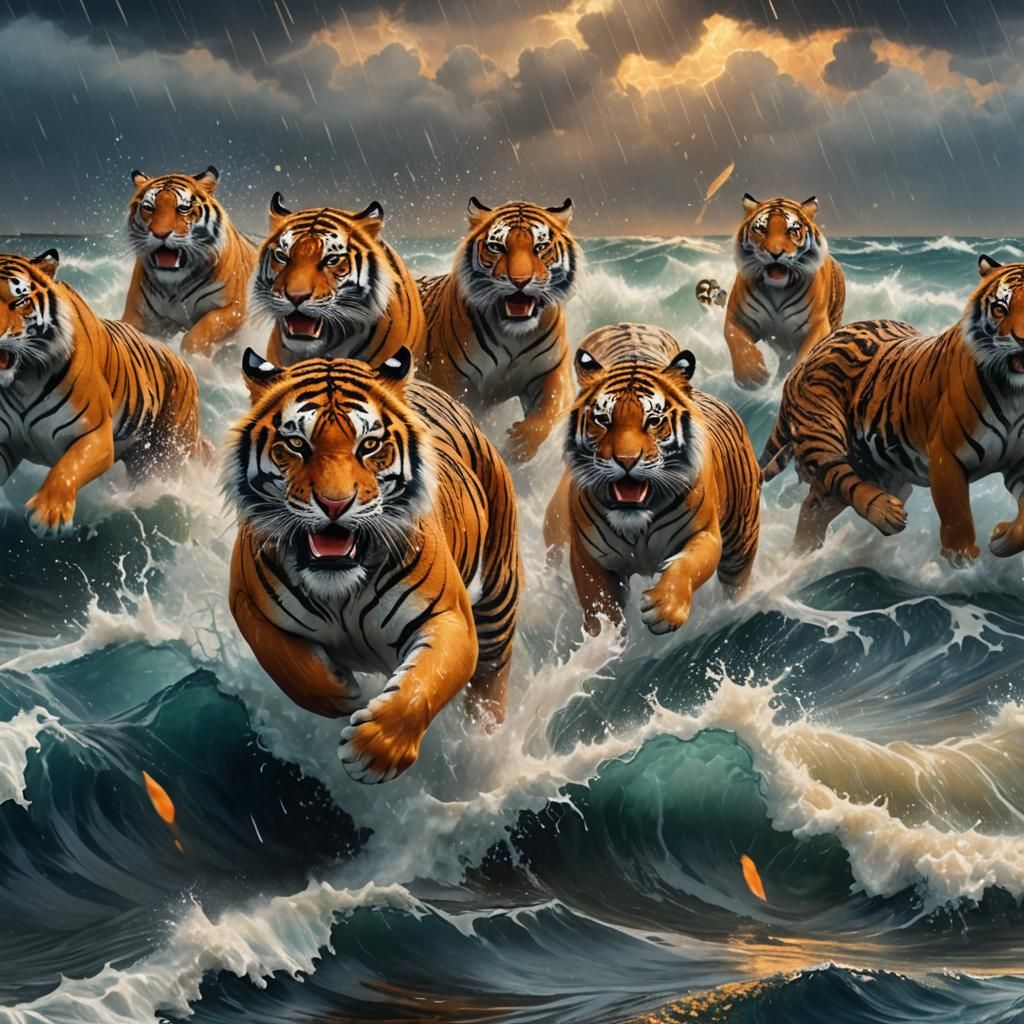Tigers Running in Ocean Waves Fantasy Art