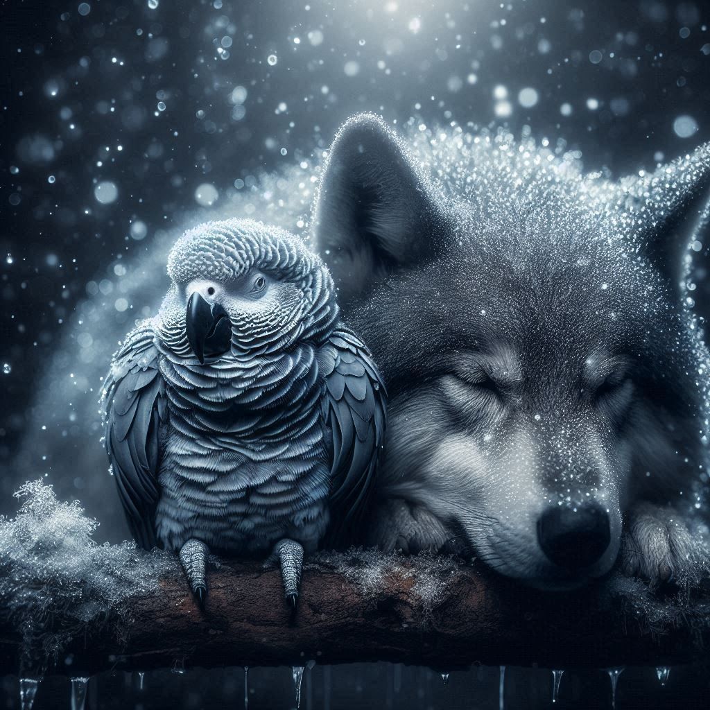 Wolf and grey bird  by @Citrus Gardenia