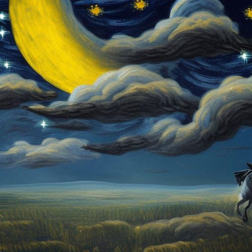 Winged horse flying through a starry night sky.