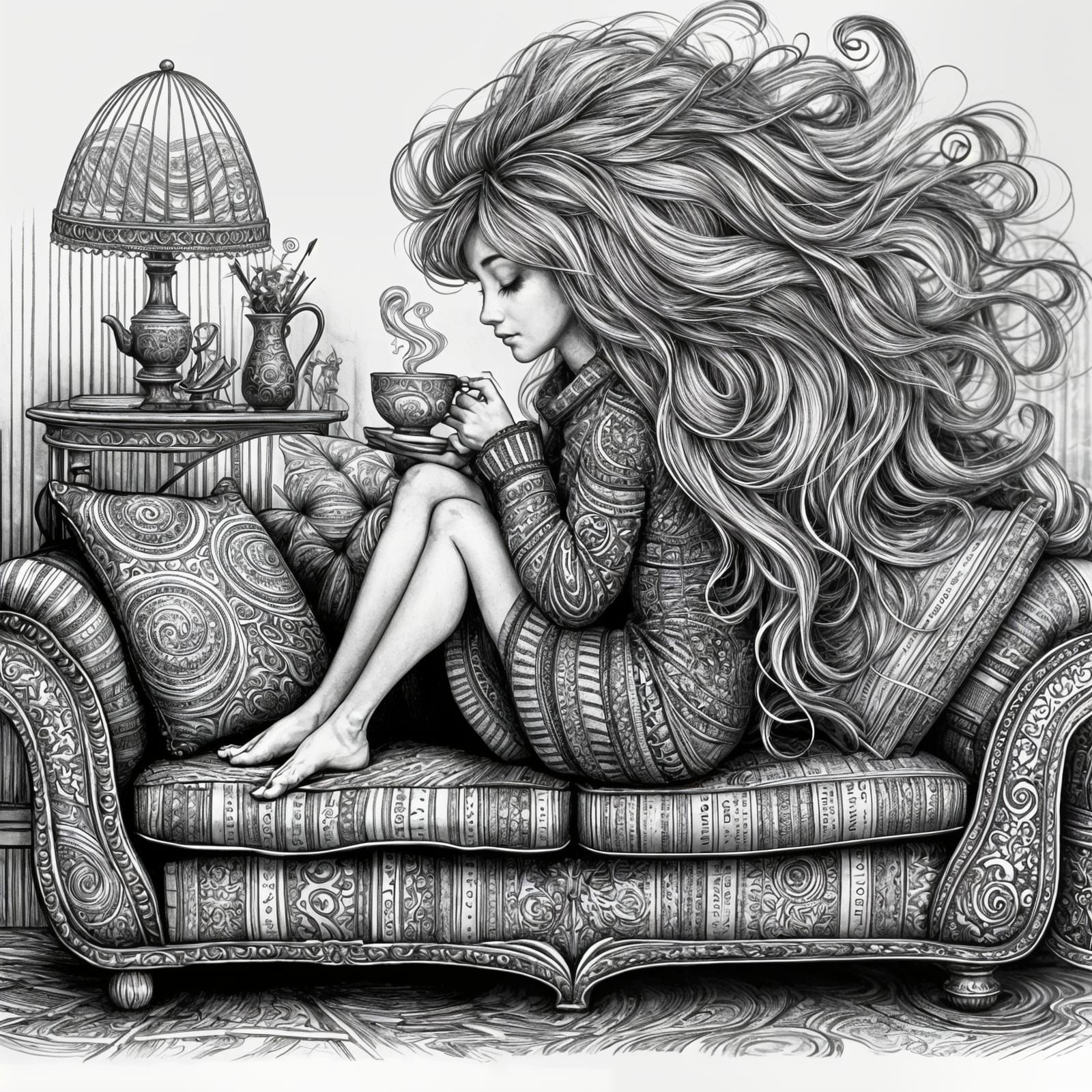 Whimsical woman sits on a sofa drinking tea