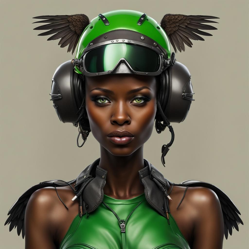 African woman, electric green eyes, wearing leather clothes ...