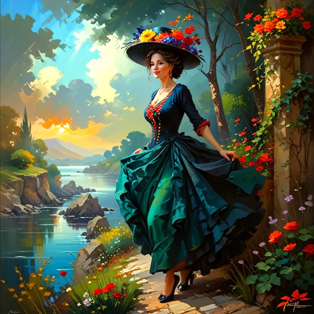 Exuberant Lady in Vibrant Landscape