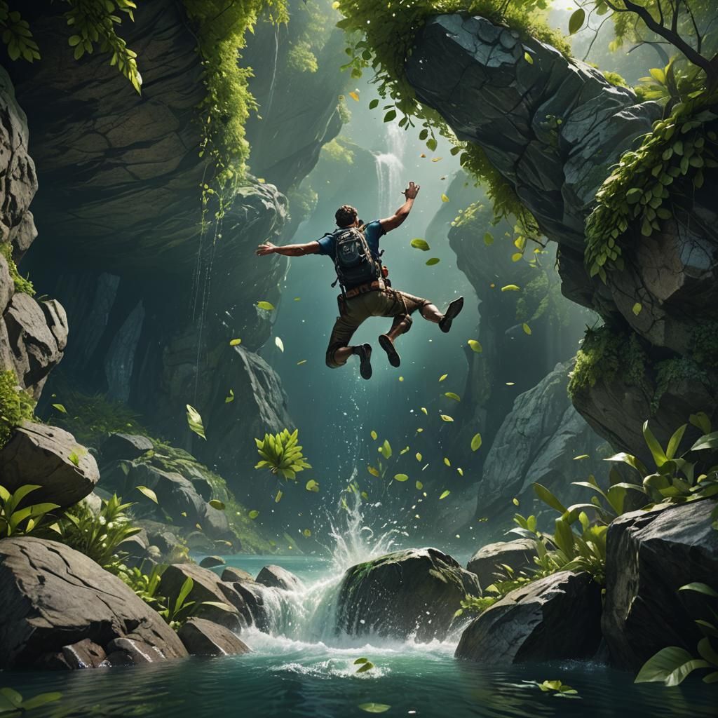 Stunning real like man diving in water full of fresh leaves ...