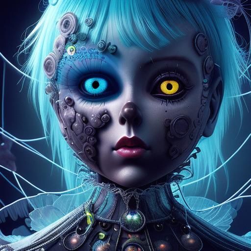 Close up of a doll with yellow eyes, a surrealist painting, inspired by Ray Caesar, zbrush central contest winner, pop surrealism, neon jell...