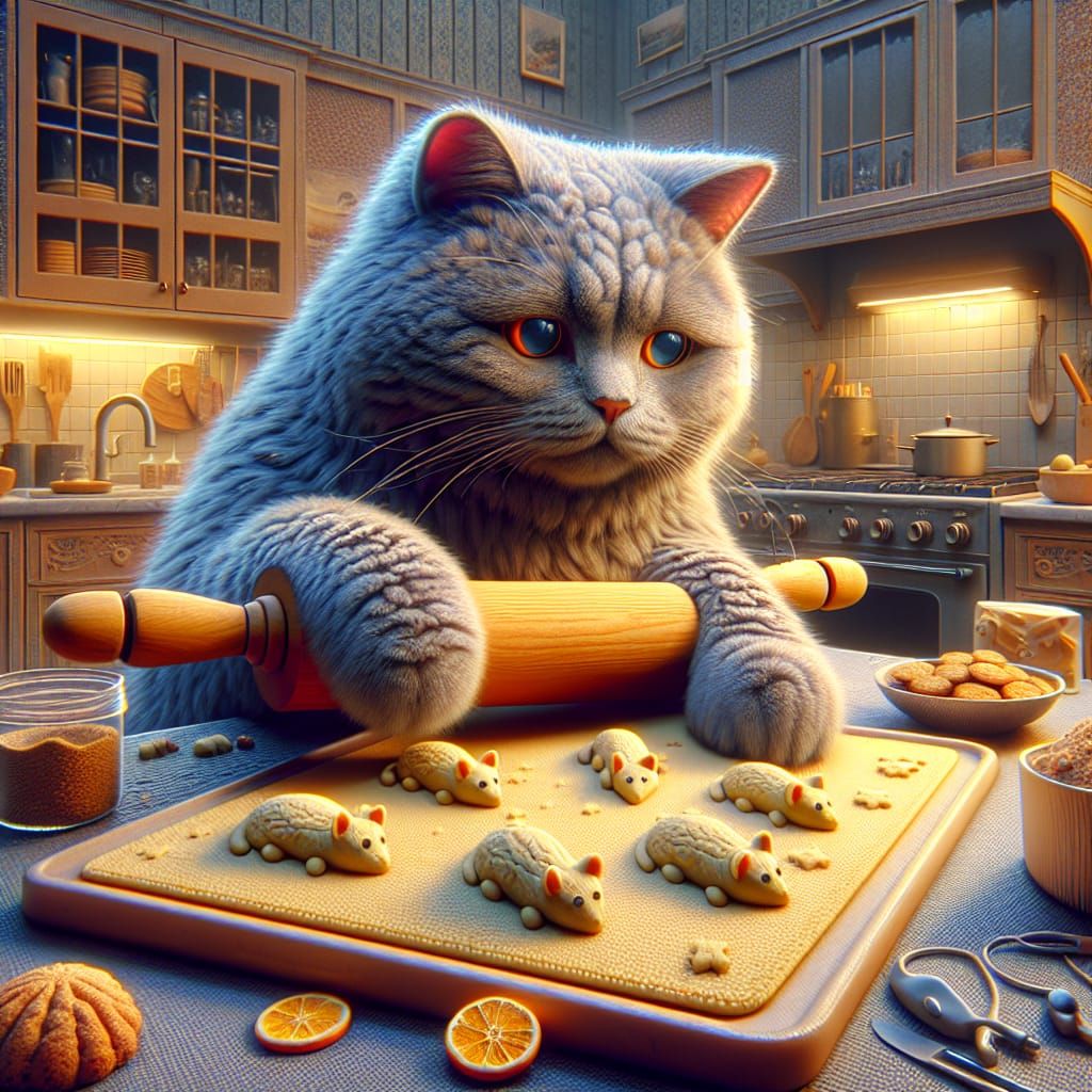 Un adorable chat Chartreux dans la cuisine avec un rouleau à pâte dans la main, qui prépare des cookies ...  by @evinrude