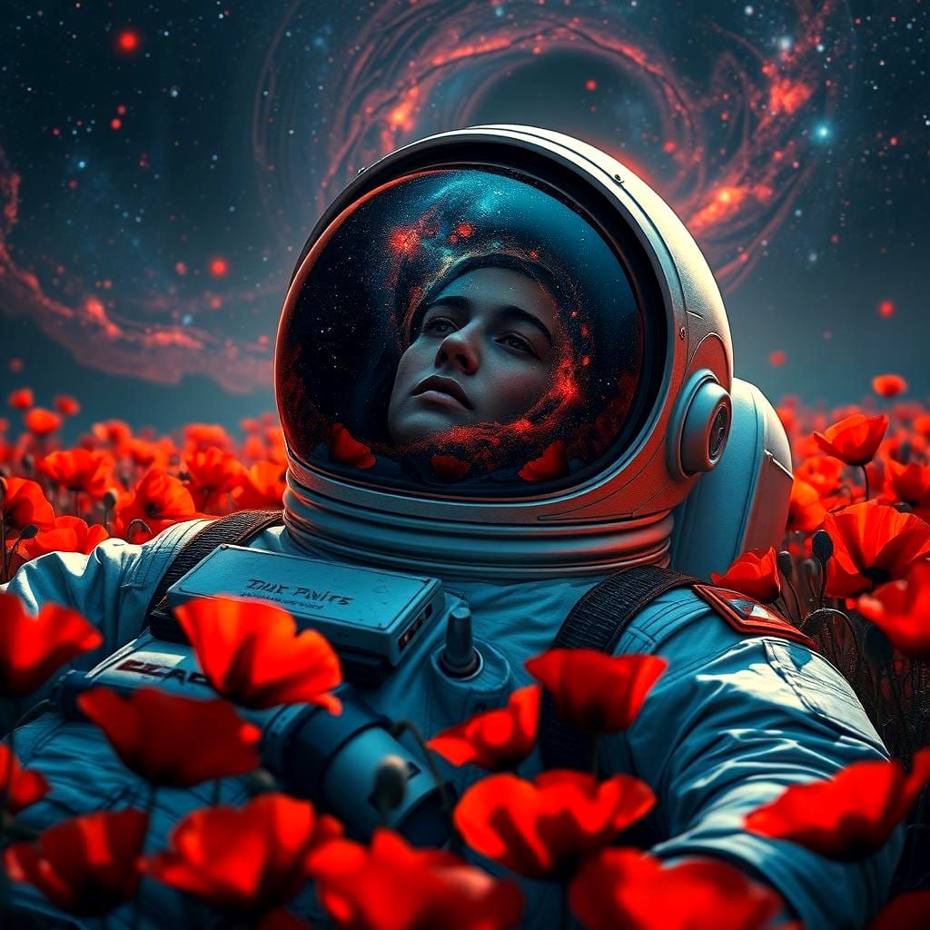An astronaut lying in a garden of poppies.