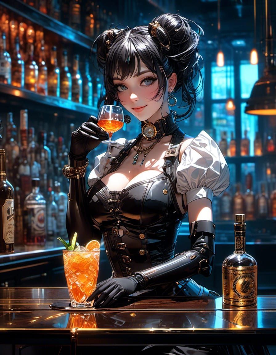 <lora:CUD:1.0> smiling steampunk high end cocktail mixologist Pin-up in bioluminescent glow dark underground bar , multilayered_eyes, soft l...