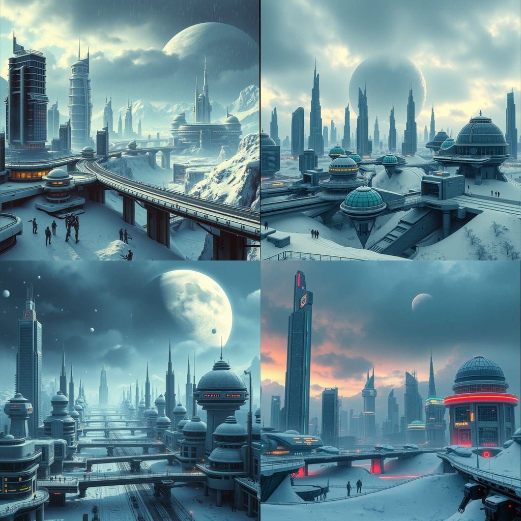 A bustling futuristic city on the surface of a snow covered icy alien world. Snow falls from the sky. The city comprises...