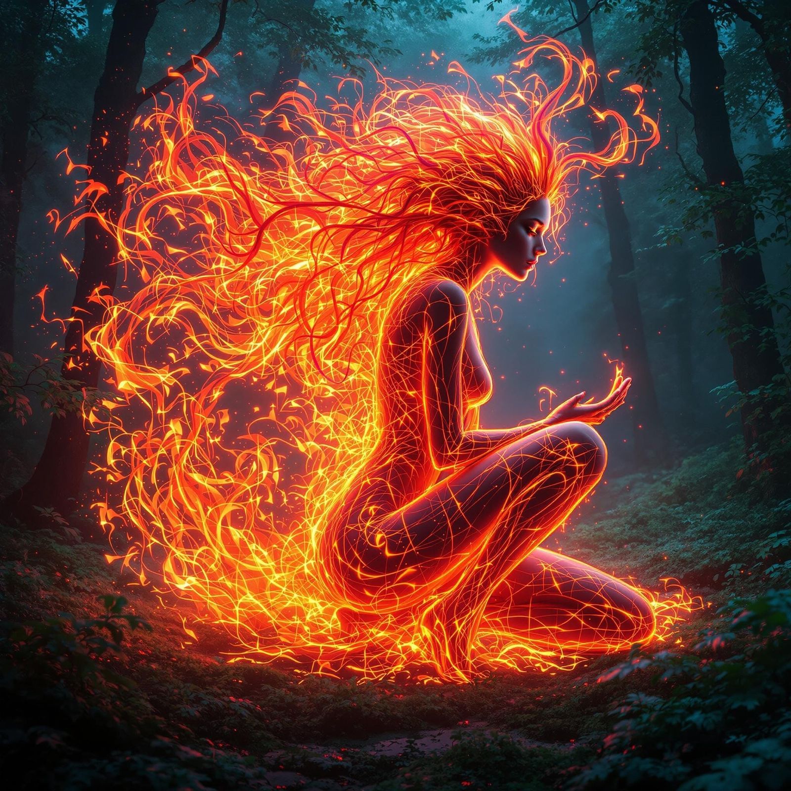Woman made of glowing red and orange flames kneeling in a contrasting, vivid green forest. Bright neon ...  by @Crystal