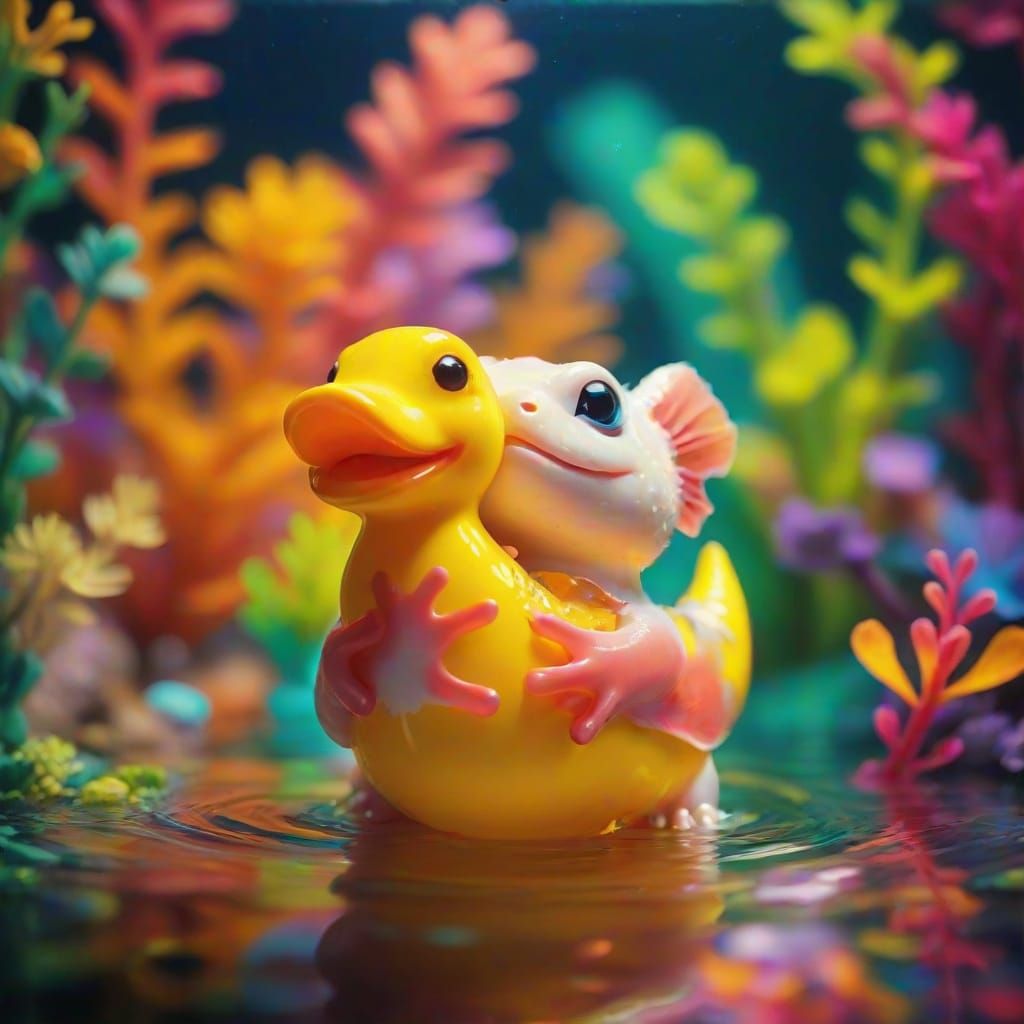 An axolotl and it's rubber duckie  by @odd-duck