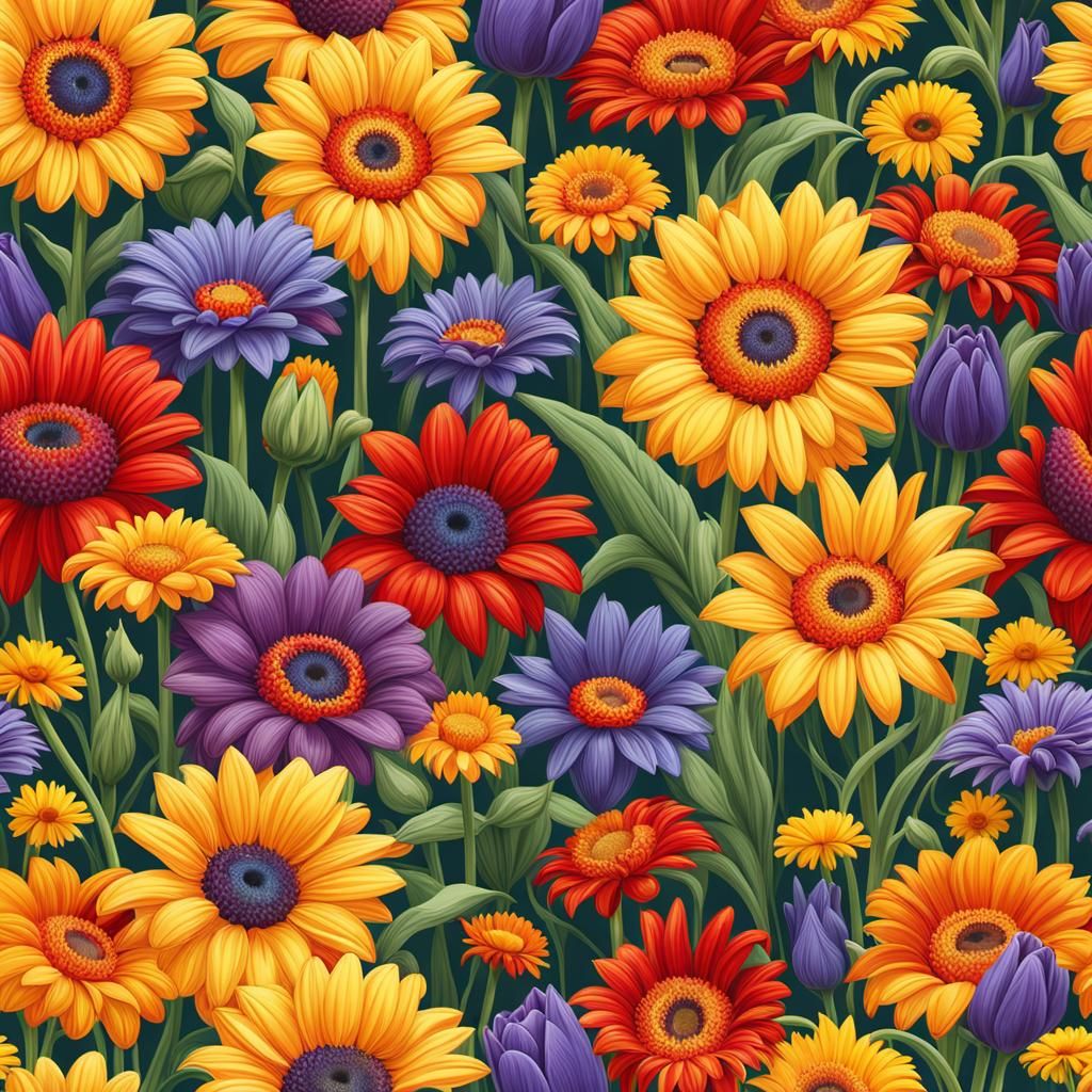 "Prime lucas garden full of red gerberas, sunflowers, purple...